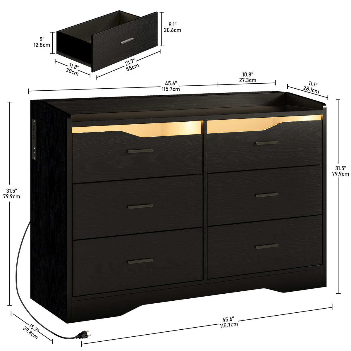 White 6 Drawer Dresser with LED Lights and Charging Station Z8298