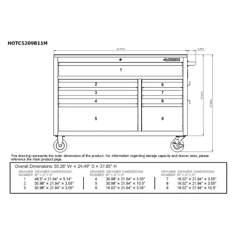 9-Drawer Mobile Workbench Cabinet with Solid Wood Top in Gloss Gray T4744