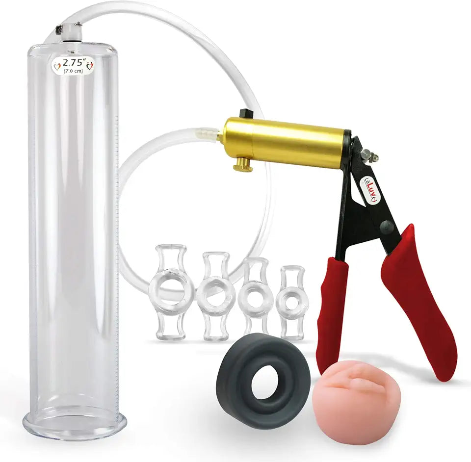 Penis Pump with Brass Chamber, Red Silicone Grips, Clear Hose, 12" x 2.75" Cylinder V7072