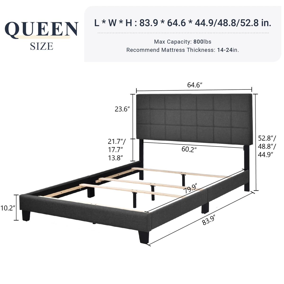 Queen Size Grey Upholstered Panel Bed Frame M17222