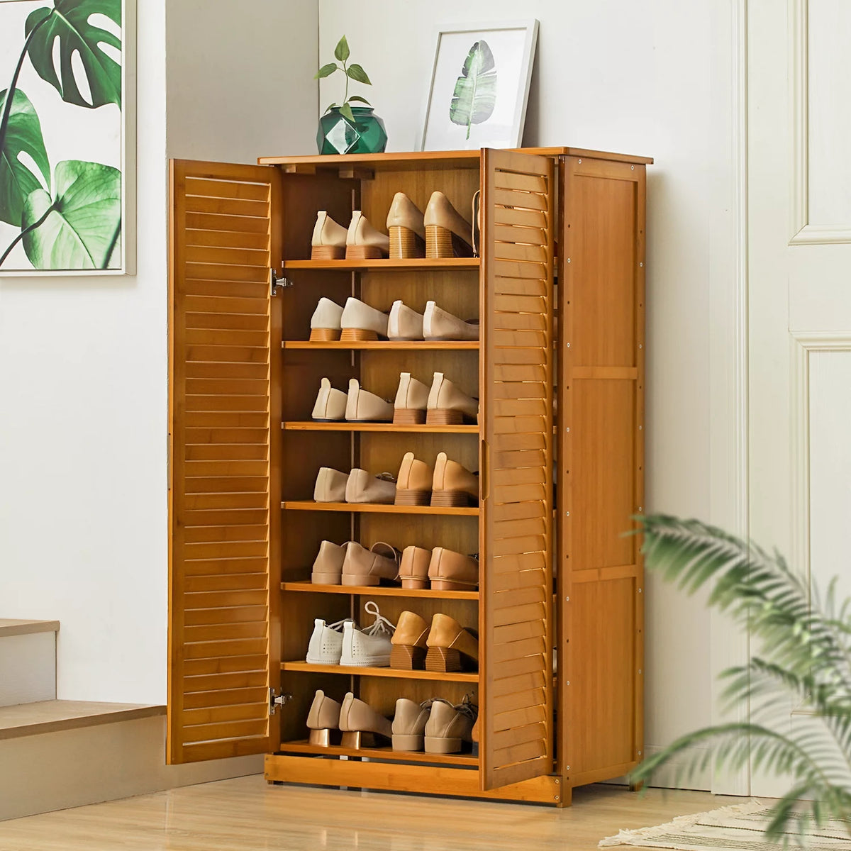 Bamboo 7 Tiers 21 Pairs Shoes Rack with Door X792