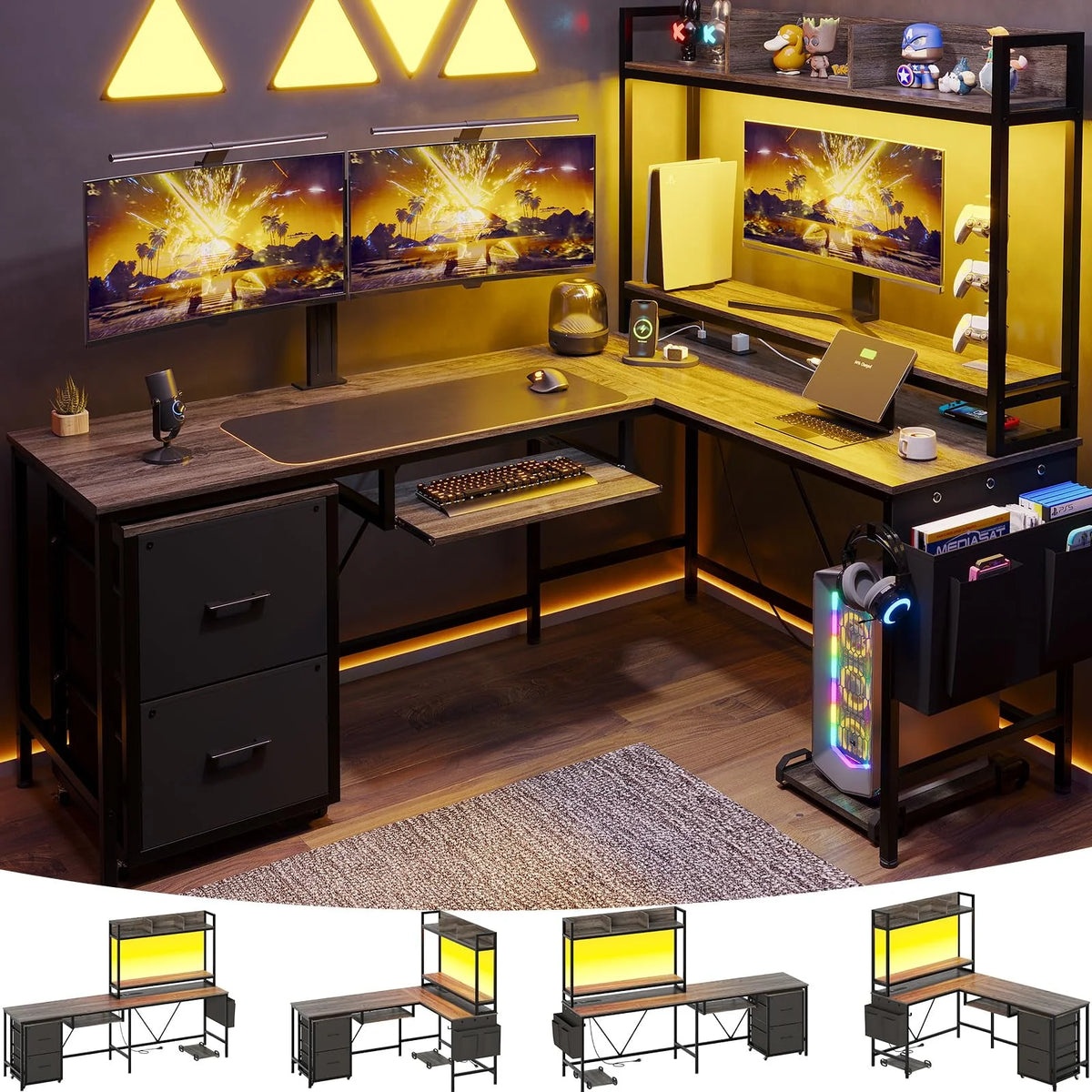 L Shaped Computer Desk with Power Outlet and LED Strip, Black I199