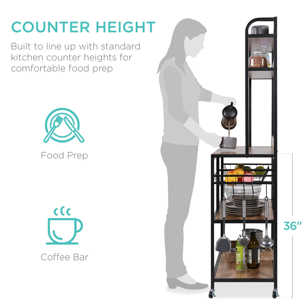 67in Counter-Height Baker's Rack with Locking Wheels D7435