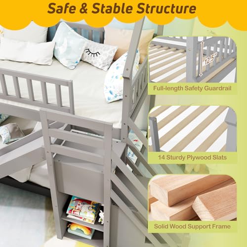 White Wood Twin Over Twin Bunk Bed with Slide and Staircase K670998