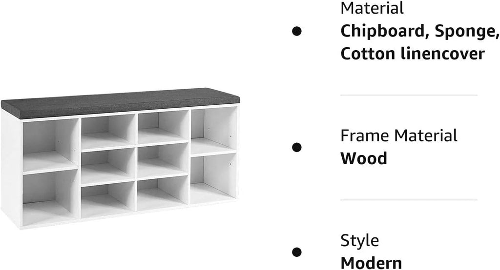White Shoe Storage Bench with Cushion and Adjustable Shelves Y879471