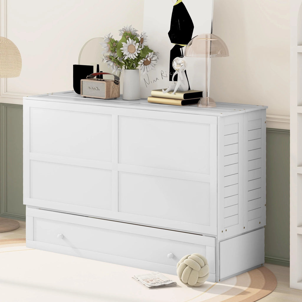White Queen Size Wood Murphy Bed Cabinet with Storage Drawer Y44516