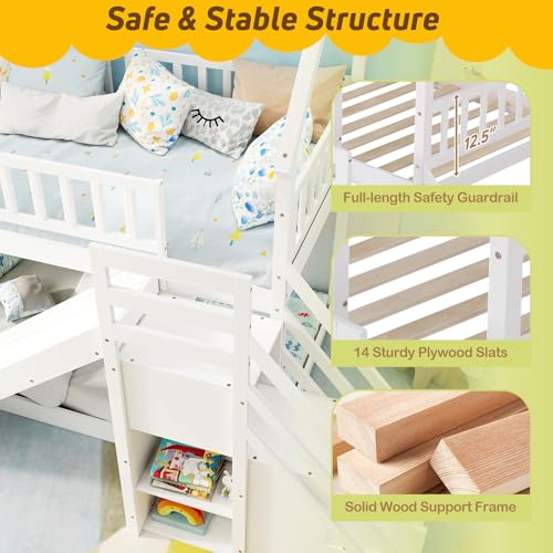 White Wood Twin Over Twin Bunk Bed with Slide and Staircase K670998