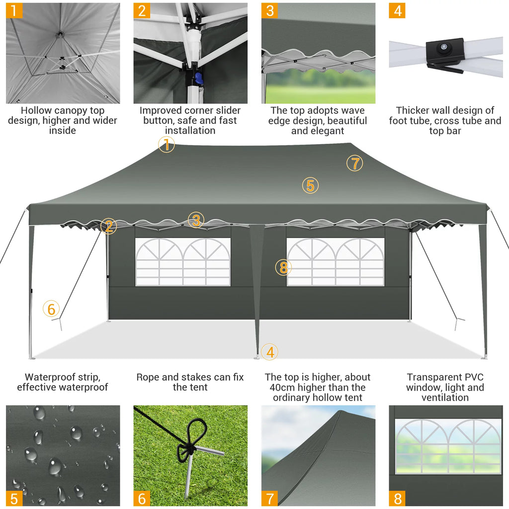 10' x 20' Pop Up Canopy Tent with 6 Removable Sidewalls, Carry Bag, 4 Sandbags, Gray O67388