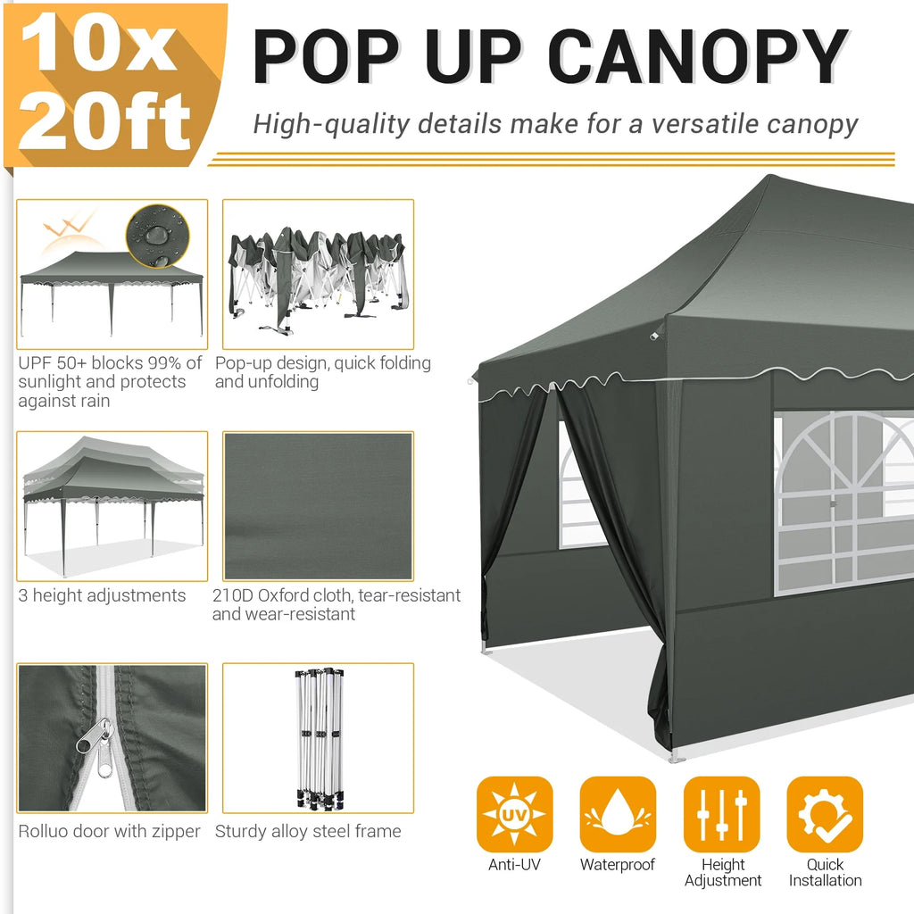 10' x 20' Pop Up Canopy Tent with 6 Removable Sidewalls, Carry Bag, 4 Sandbags, Gray O67388