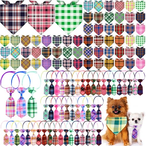 108 Pcs Dog Bandanas Bow Tie Set Plaid Pattern Adjustable Washable Reversible M3004