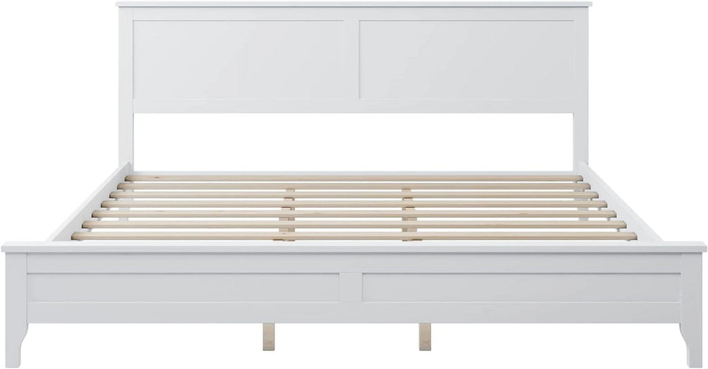 White Platform Bed with Headboard, Wood Bed Frame with Slat Support T679915