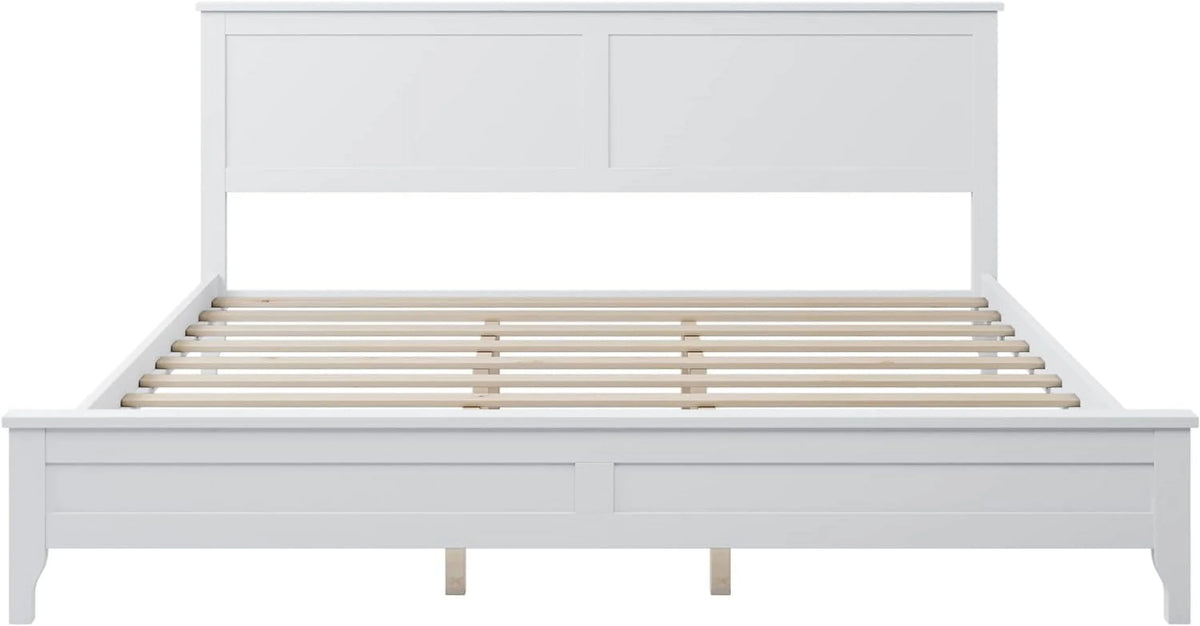 White Platform Bed with Headboard, Wood Bed Frame with Slat Support T679915