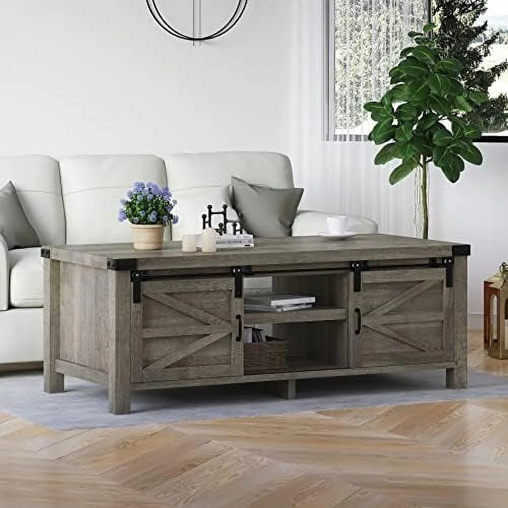 Farmhouse Coffee Table with Hidden Compartment and Cabinets Shelves Q97593
