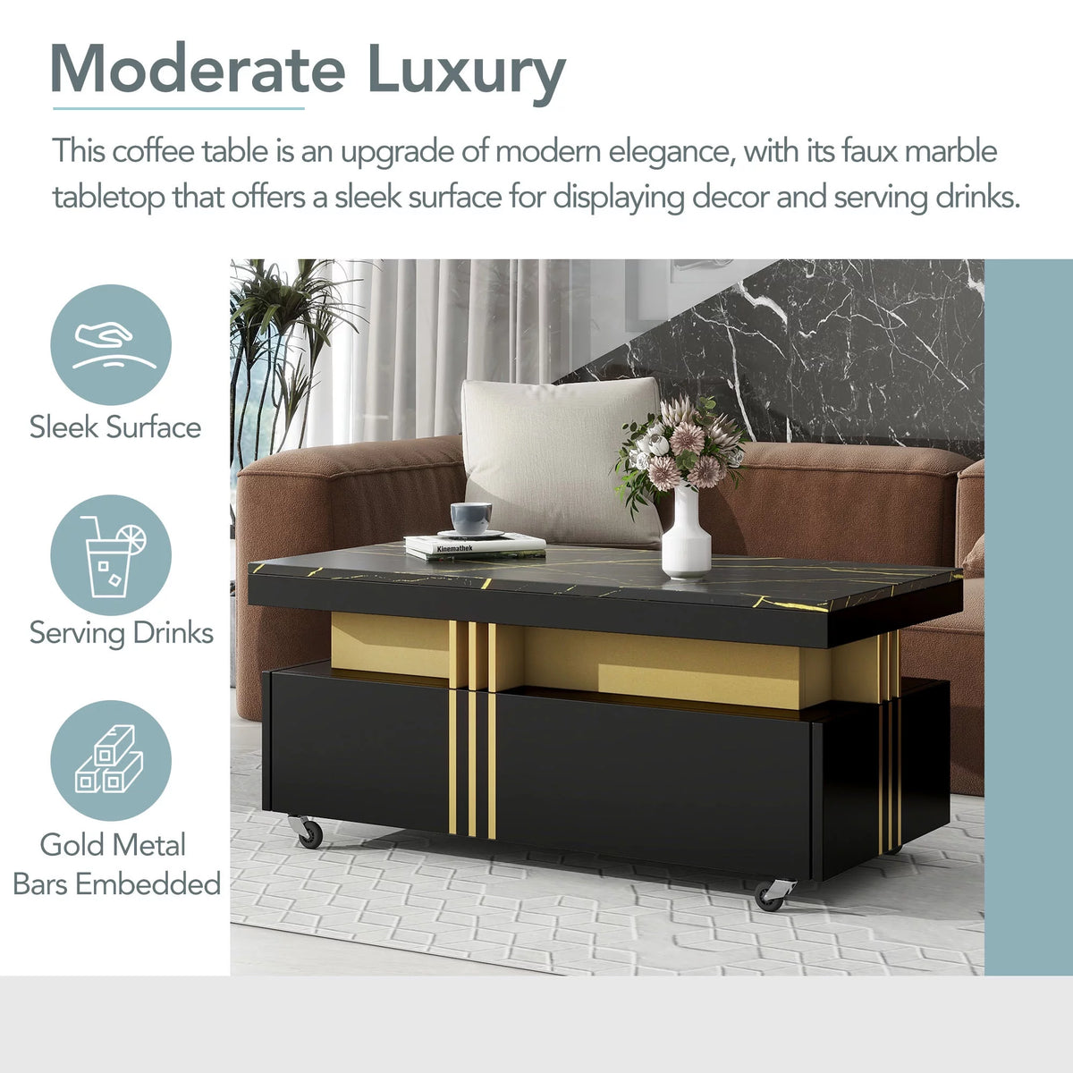 Black Faux Marble Coffee Table with Caster Wheels D9589