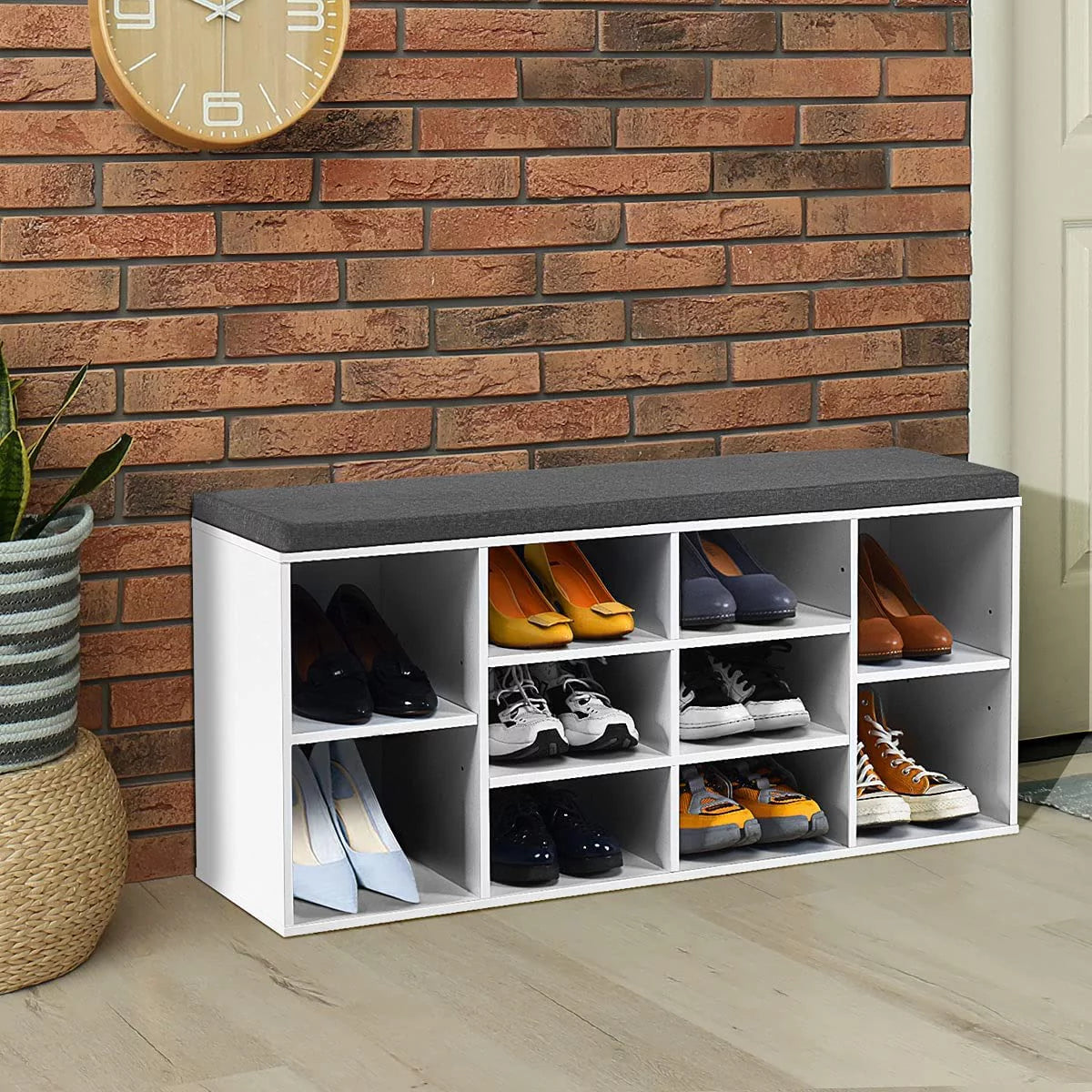 White Shoe Storage Bench with Cushion and Adjustable Shelves Y879471