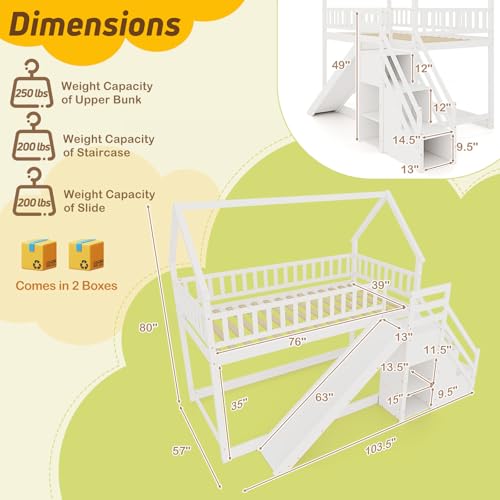 White Wood Twin Over Twin Bunk Bed with Slide and Staircase K670998