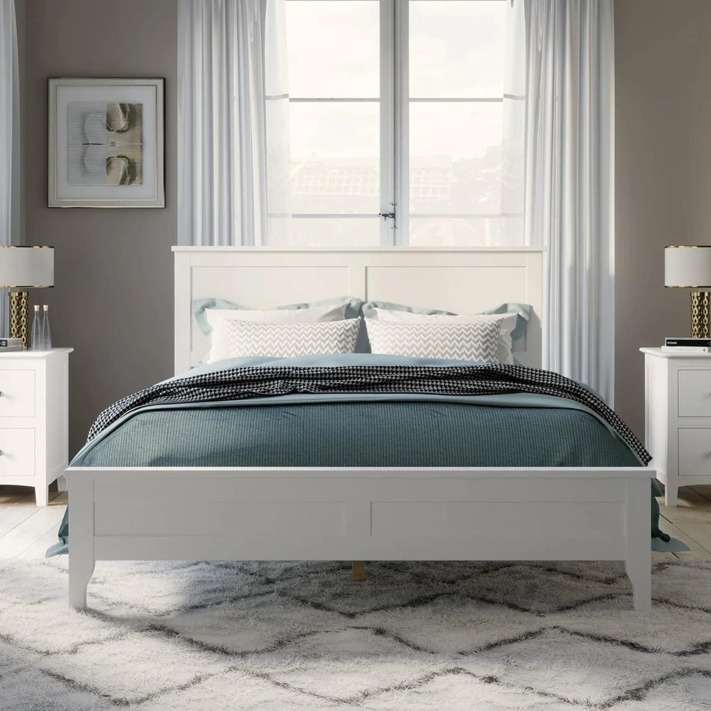 White Platform Bed with Headboard, Wood Bed Frame with Slat Support T679915
