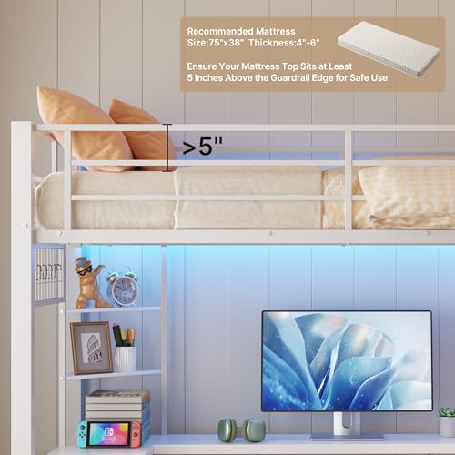Brown Twin Loft Bed with L-Shaped Desk and LED Lights Q2719