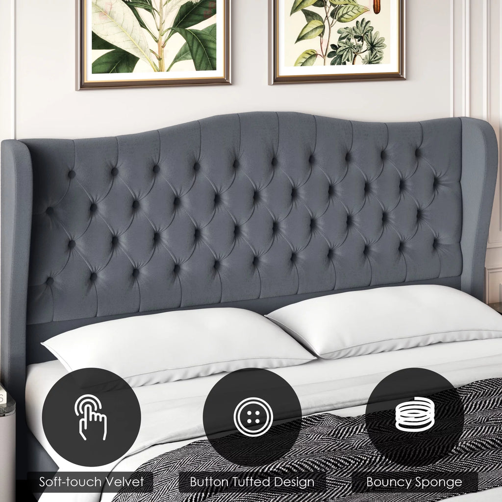 Queen Size Beige Velvet Tufted Upholstered Platform Bed Frame with Wingback Headboard Y303498