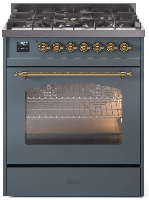 Blue Grey Dual Fuel Natural Gas Range with Brass Trim G297