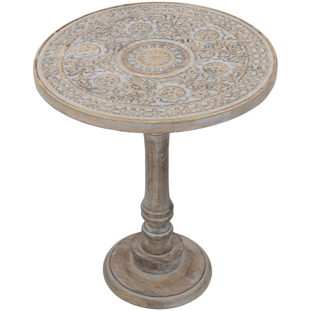 21" Antique Gray Carved Floral Round Pedestal Side Table T920993
