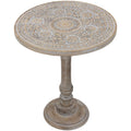 21" Antique Gray Carved Floral Round Pedestal Side Table T920993
