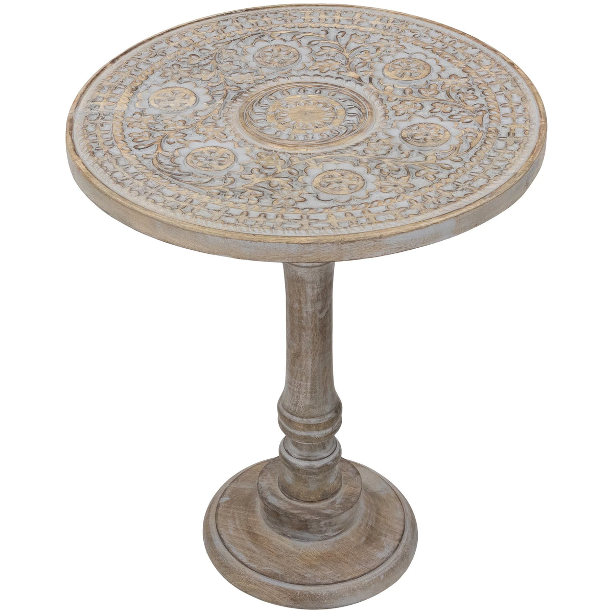 21" Antique Gray Carved Floral Round Pedestal Side Table T920993