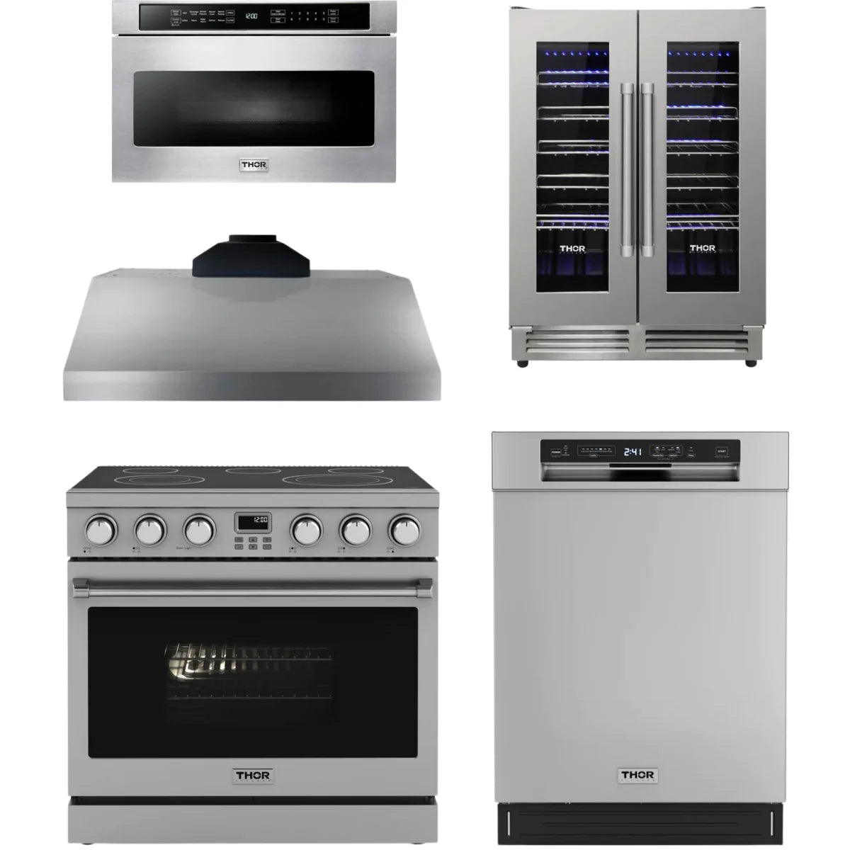 36 Electric Range, Range Hood, Dishwasher, Microwave and Wine Cooler H914