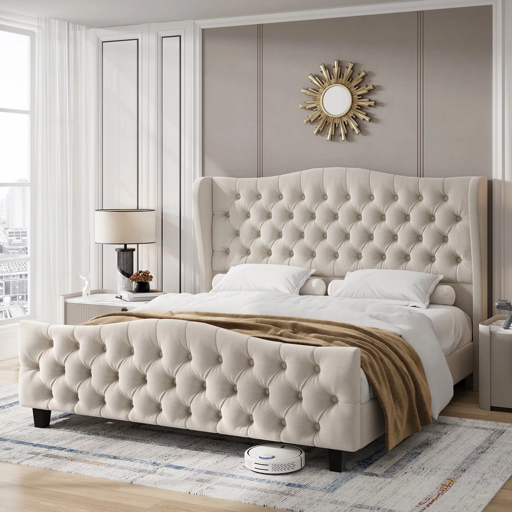Queen Size Beige Velvet Tufted Upholstered Platform Bed Frame with Wingback Headboard Y303498