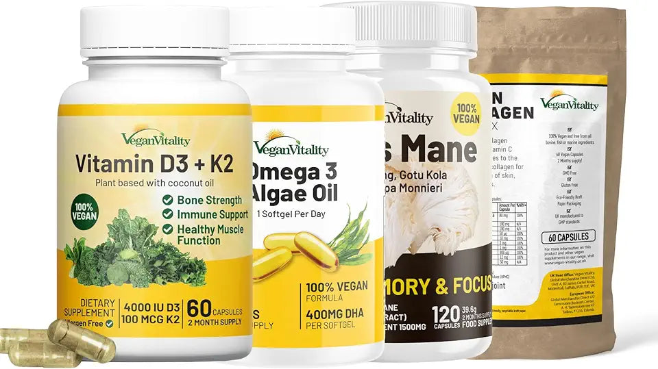 Vegan D3 K2 Lion's Mane Omega 3 Algae Oil Collagen 2 Months Supply L67382