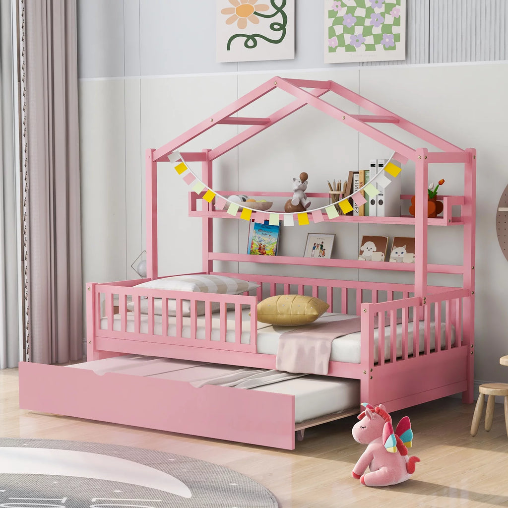 Gray Wood Twin House Bed with Trundle F253