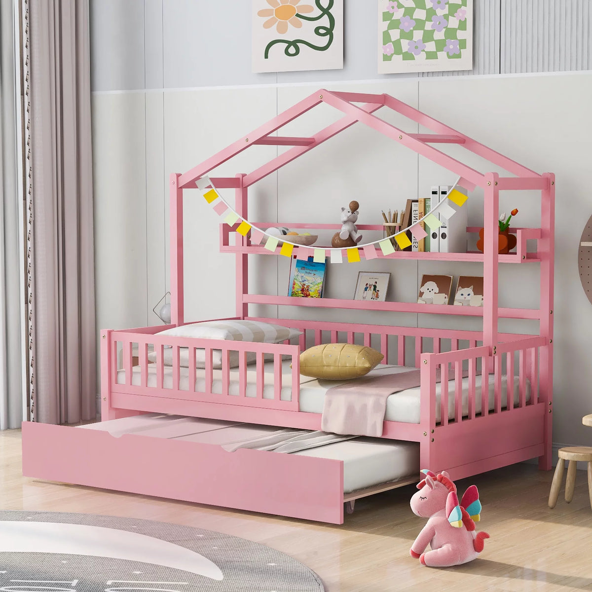 Gray Wood Twin House Bed with Trundle F253