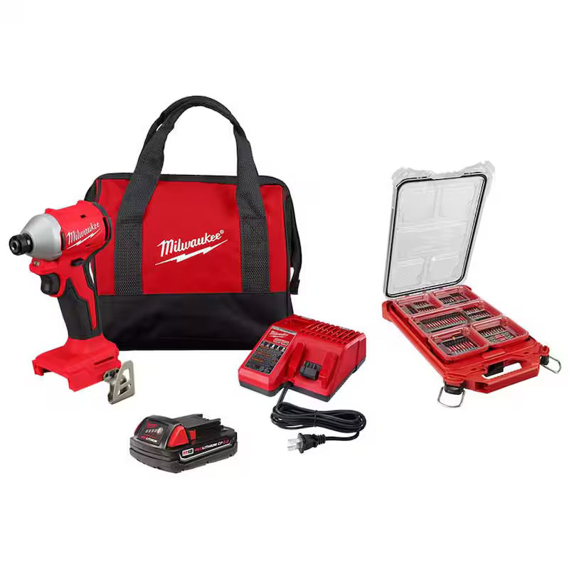 18V Lithium Ion Compact Brushless Cordless 1/4 in. Impact Driver Combo Kit with Screwdriver Bit Set B810565