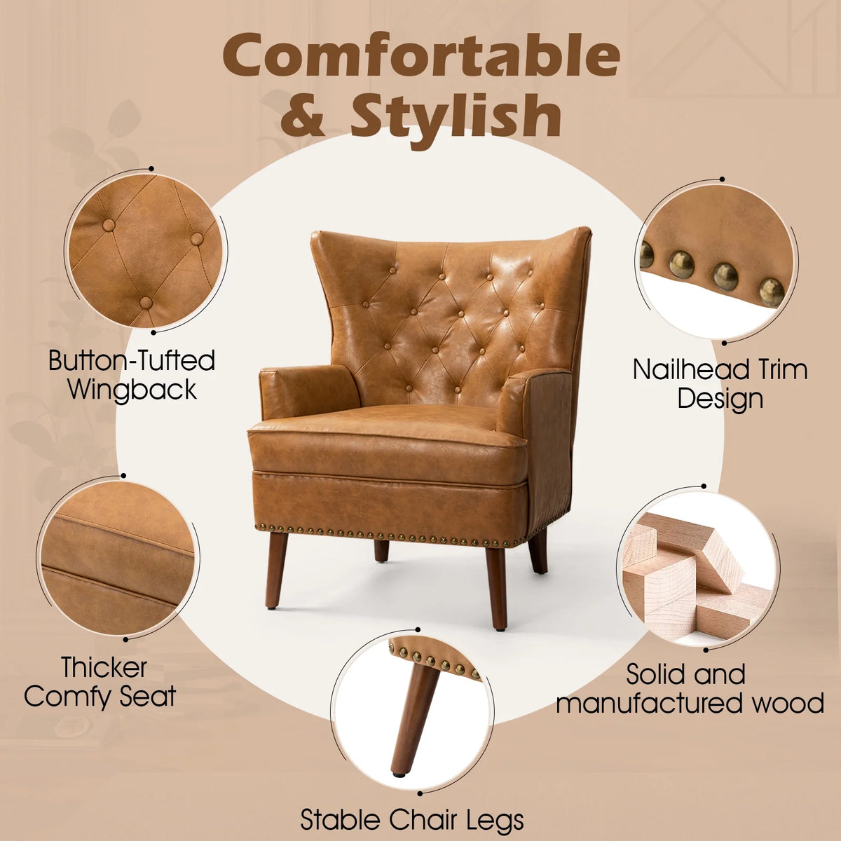 Faux Leather Upholstered Accent Chair with Solid Wood Legs Q933446