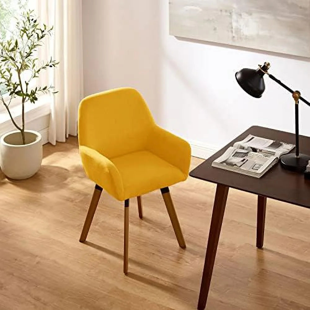 Yellow Linen Fabric Swivel Accent Chair with Solid Wood Legs A939968