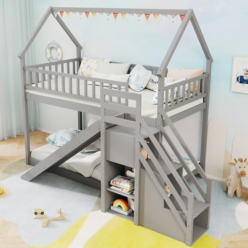 White Wood Twin Over Twin Bunk Bed with Slide and Staircase K670998