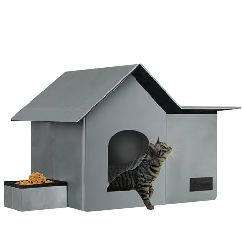 Large Weatherproof Collapsible Cat House with Removable Soft Mat and Bowl O48054