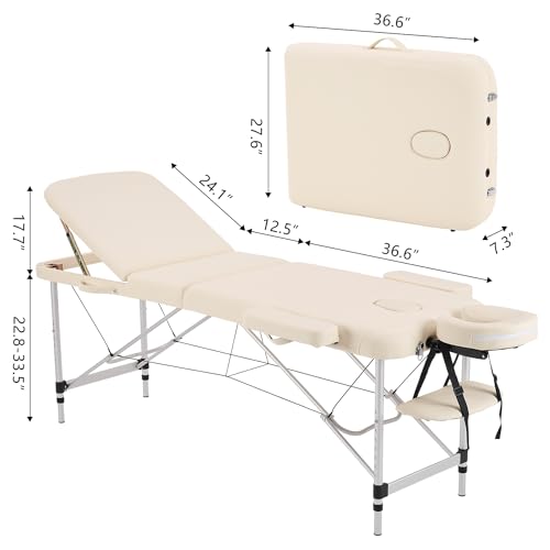 Portable Aluminum Alloy 3 Folding Massage Table with Backrest White Z548