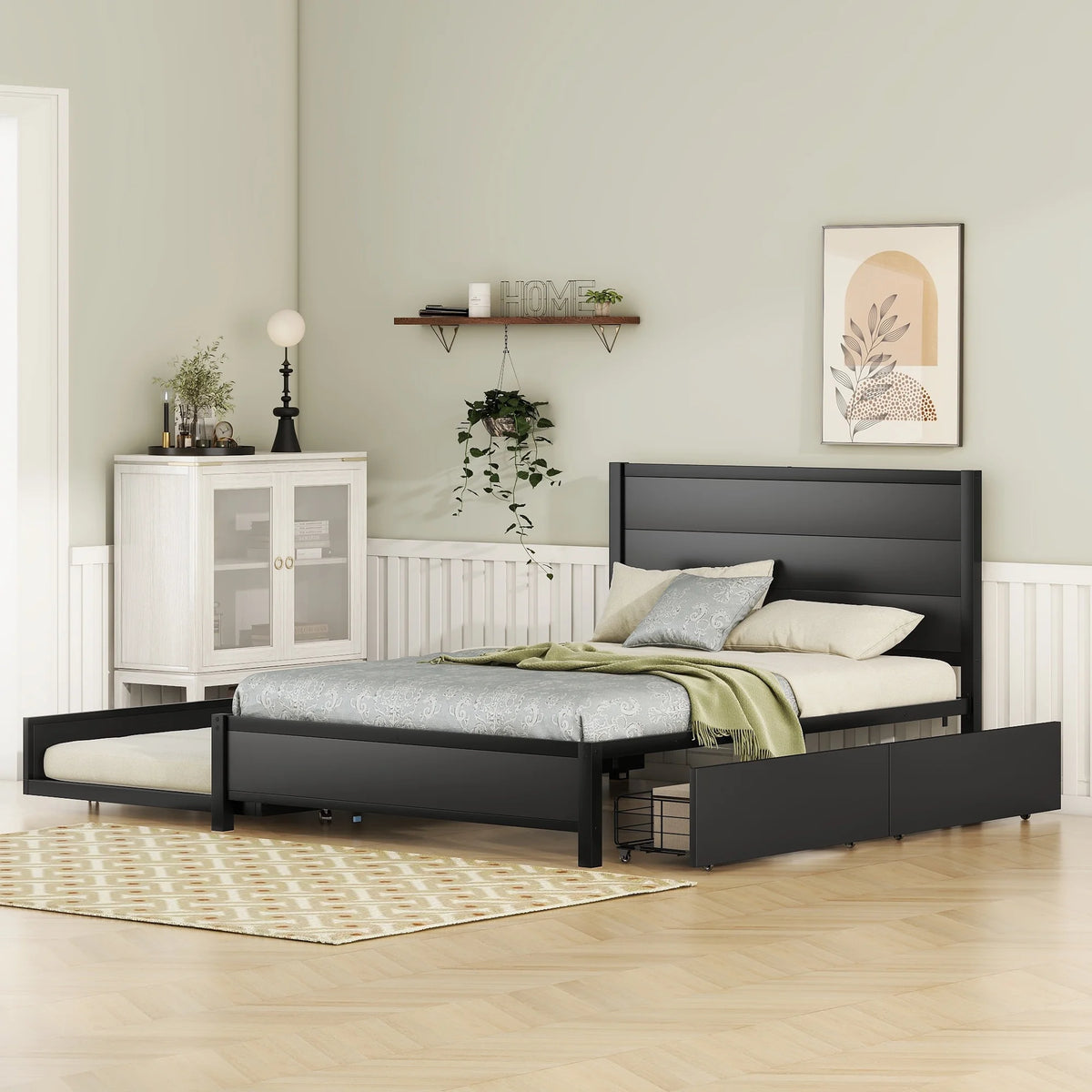 Black Metal Full Size Platform Bed with Twin Trundle and 2 Drawers X3155