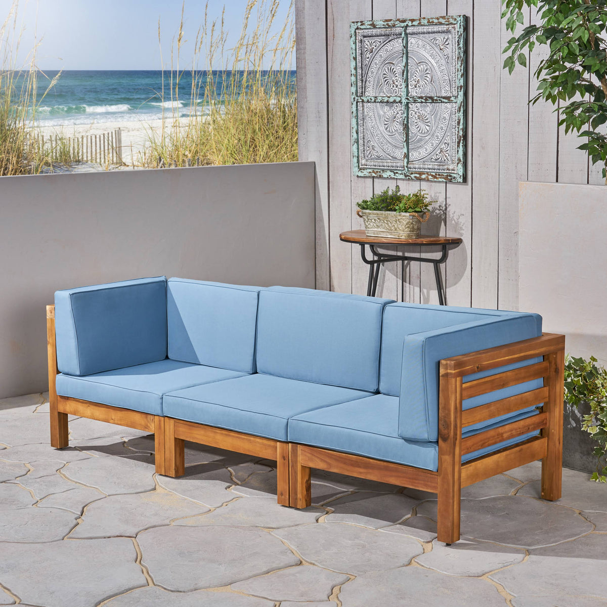 Outdoor Sectional Sofa Set 3-Seater Acacia Wood Blue U334868