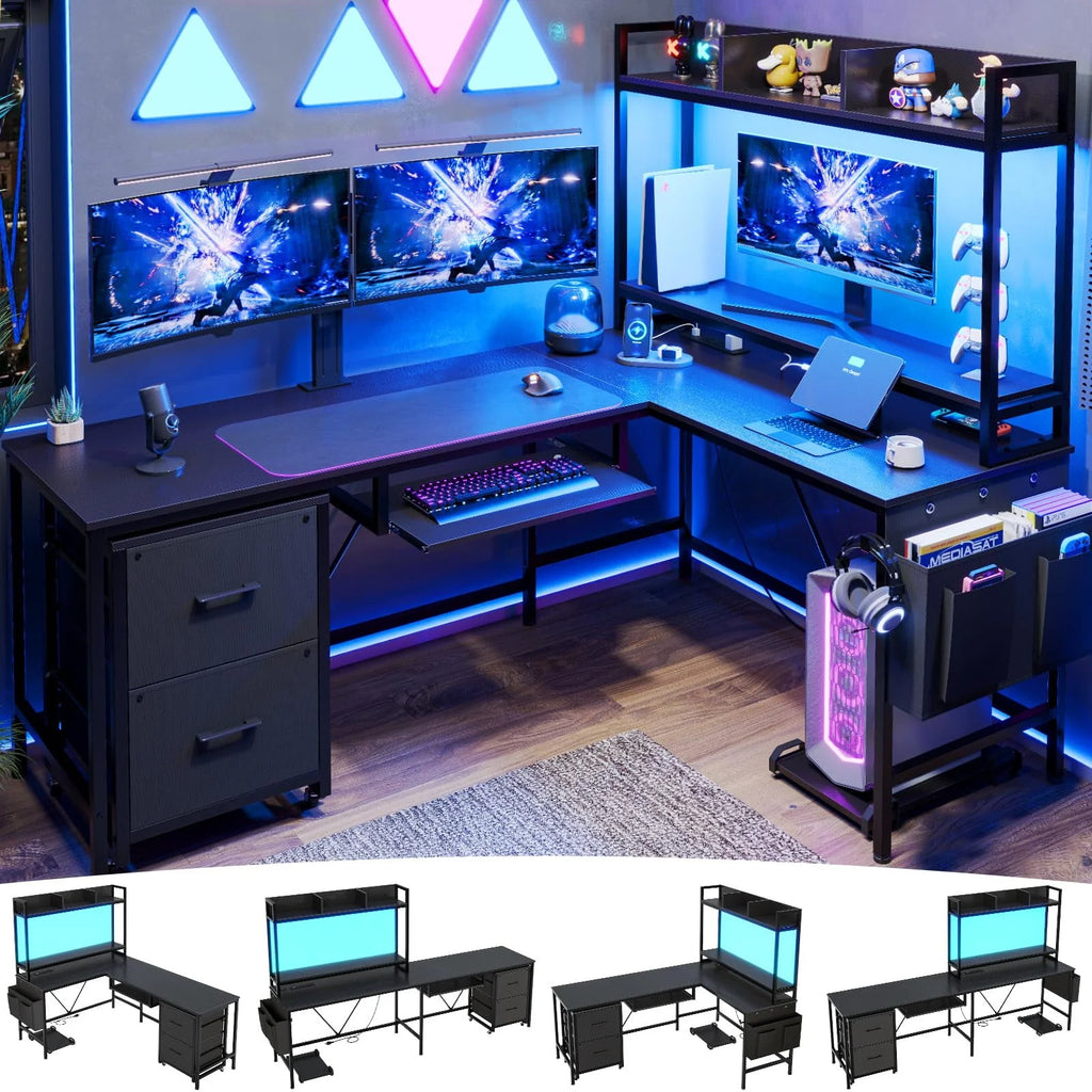 L Shaped Computer Desk with Power Outlet and LED Strip, Black I199