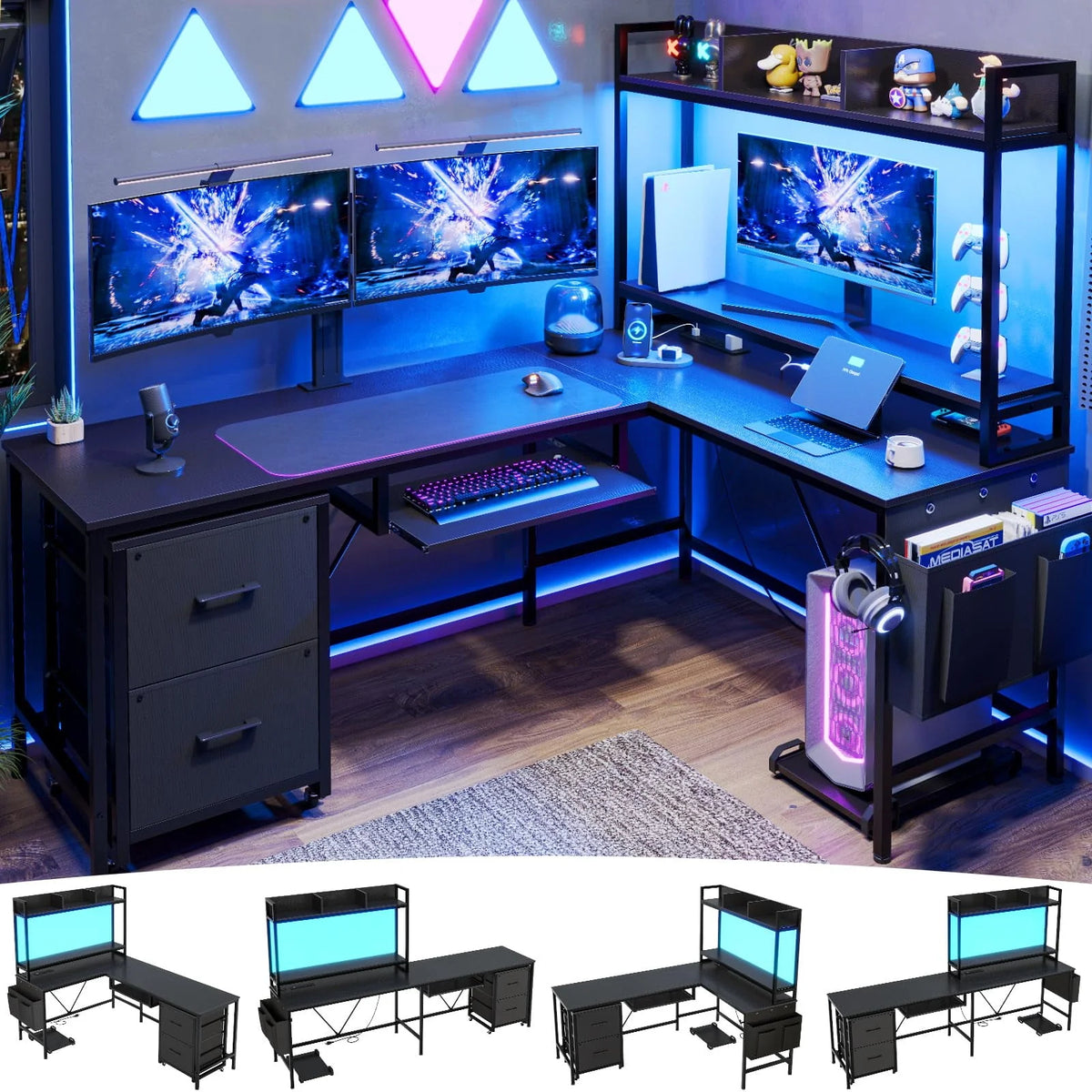 L Shaped Computer Desk with Power Outlet and LED Strip, Black I199