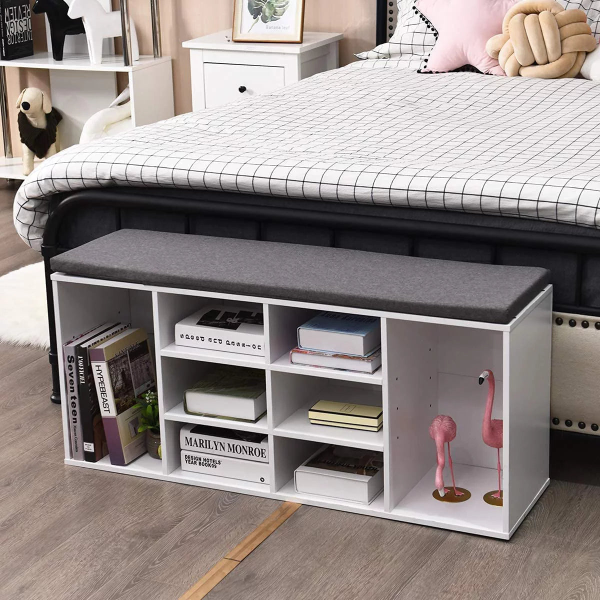 White Shoe Storage Bench with Cushion and Adjustable Shelves Y879471