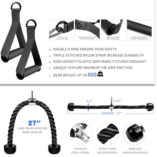 Cable Machine Attachment Set with Tricep Rope, V Bar, Double D Handle, Ankle & Wrist Straps T51146