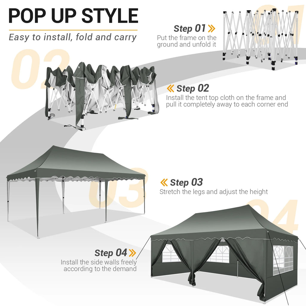 10' x 20' Pop Up Canopy Tent with 6 Removable Sidewalls, Carry Bag, 4 Sandbags, Gray O67388