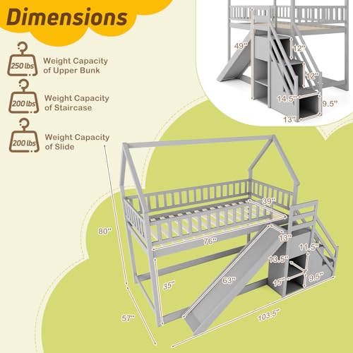 White Wood Twin Over Twin Bunk Bed with Slide and Staircase K670998