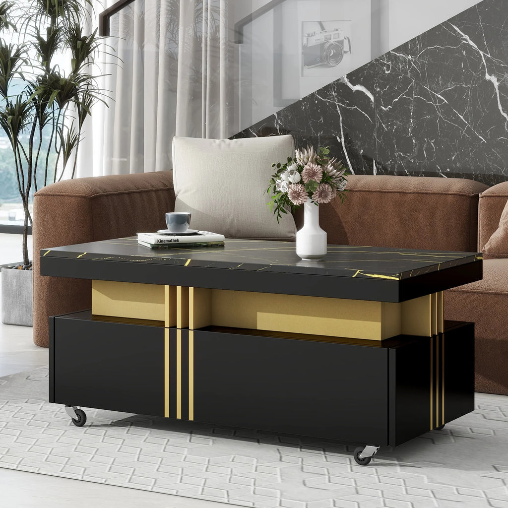 Black Faux Marble Coffee Table with Caster Wheels D9589