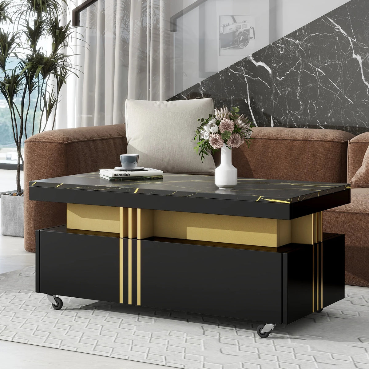 Black Faux Marble Coffee Table with Caster Wheels D9589