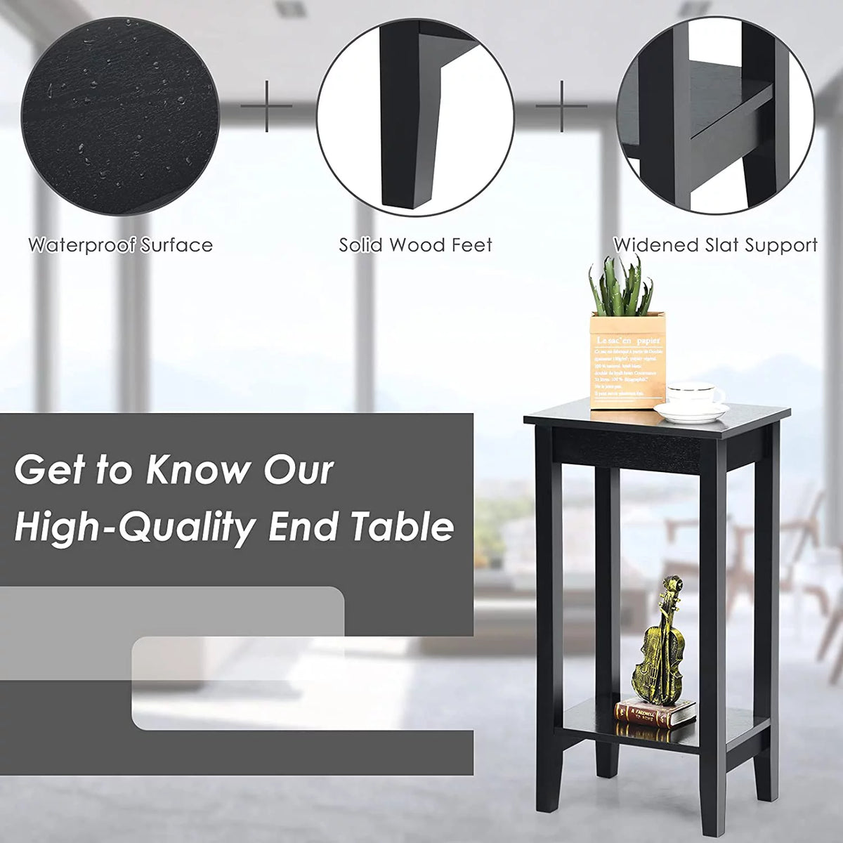 2-Tier End Table with Shelf and Wooden Legs I599463