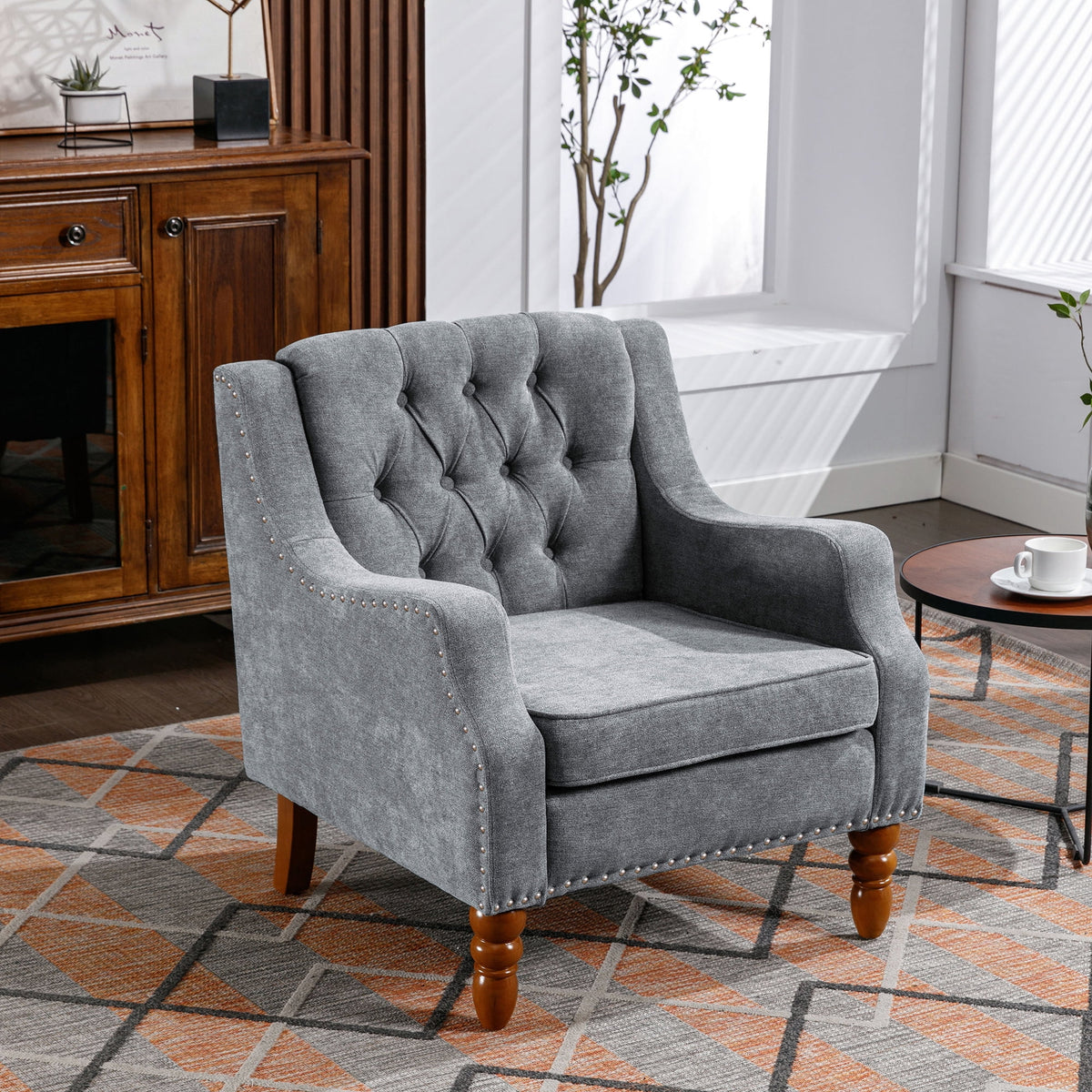 Gray Linen Fabric Button Tufted Accent Chair F8239